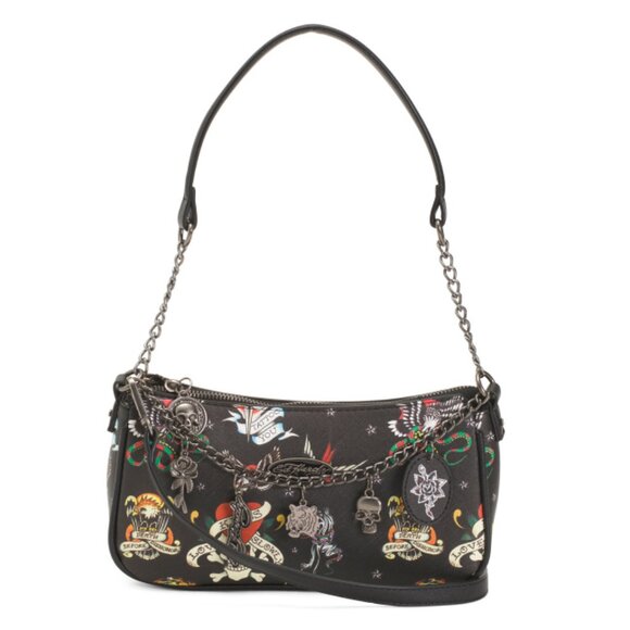 ED HARDY BLACK MULTI Printed Two Strap Crossbody With Chain Detail - Picture 1 of 2